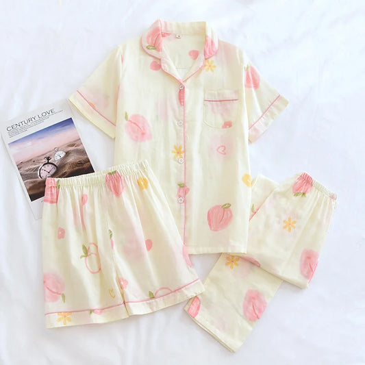 Cotton Pajama Set Light Yellow with Pink peaches and flowers for women