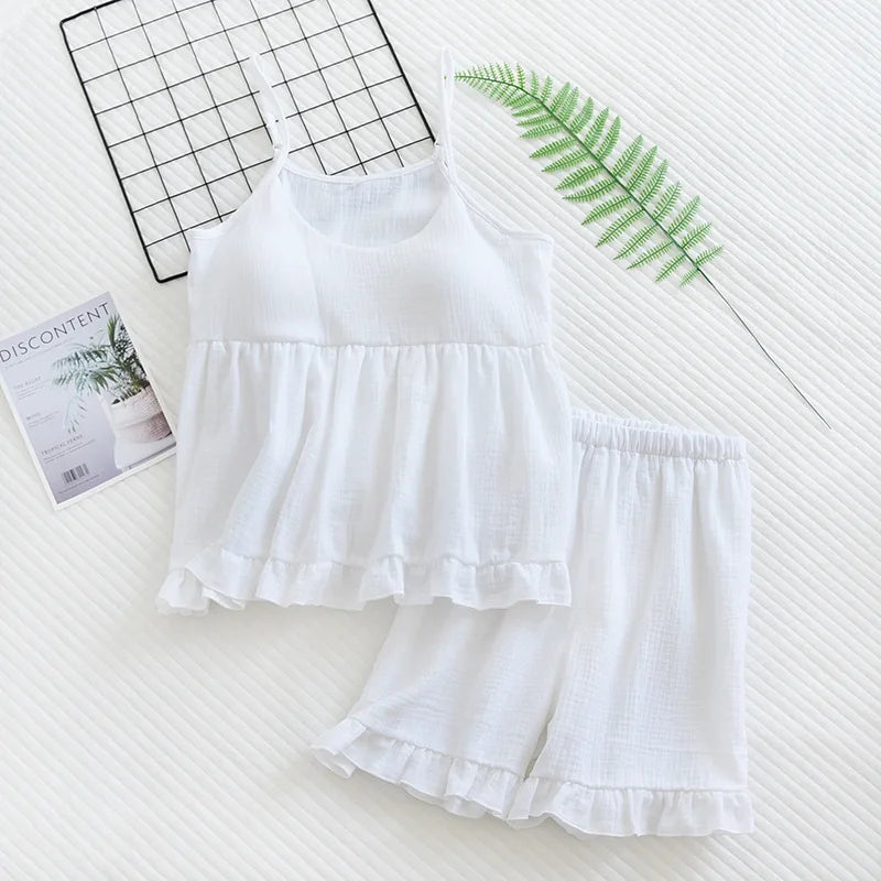 Cotton Muslin Pajama Set with Removable Bra Pads - Cotonii - Pajamas and Loungewear