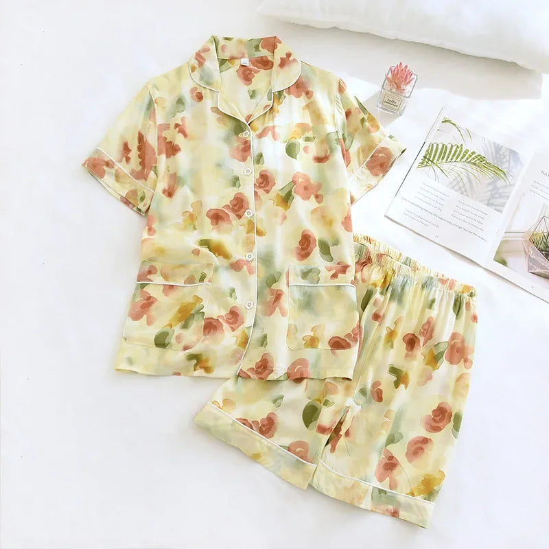 Floral Prints Viscose Pajama Set - Cotonii - Pajamas and Loungewear