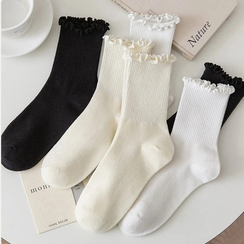 ruffle crew socks cotton womens white black beige