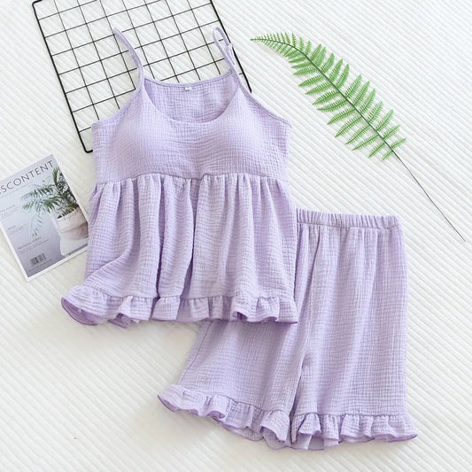 Cotton Muslin Pajama Set with Removable Bra Pads - Cotonii - Pajamas and Loungewear