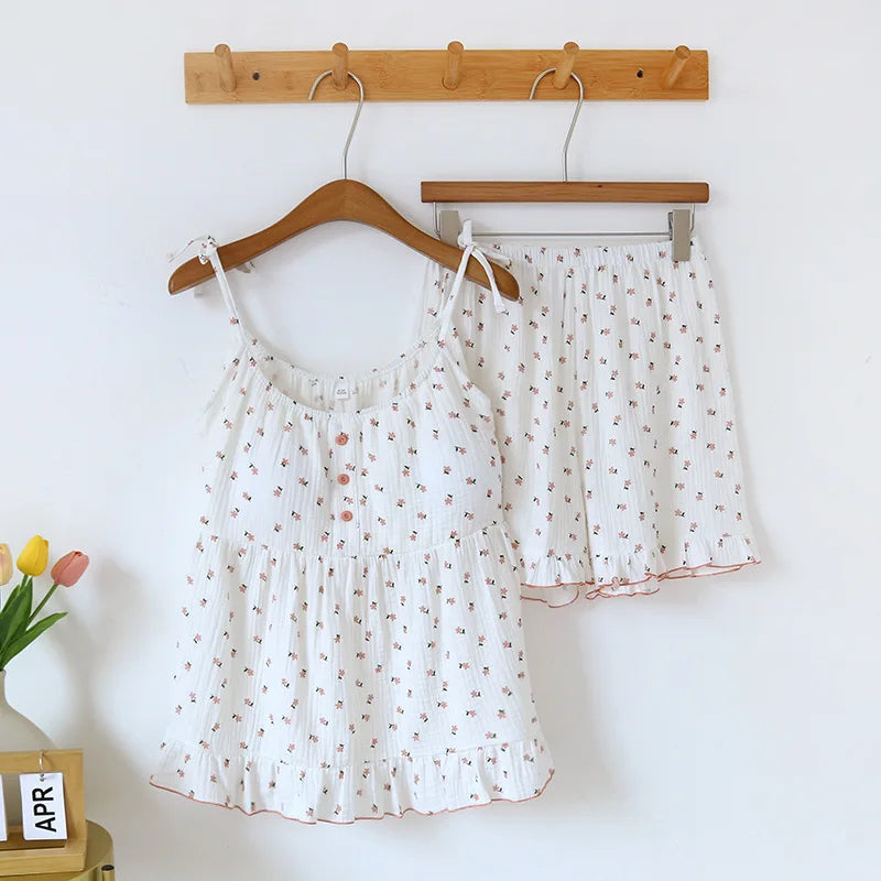 Cotton Camisole & Shorts Pajama Set wit Removable Bra Pads - Cotonii - Pajamas and Loungewear