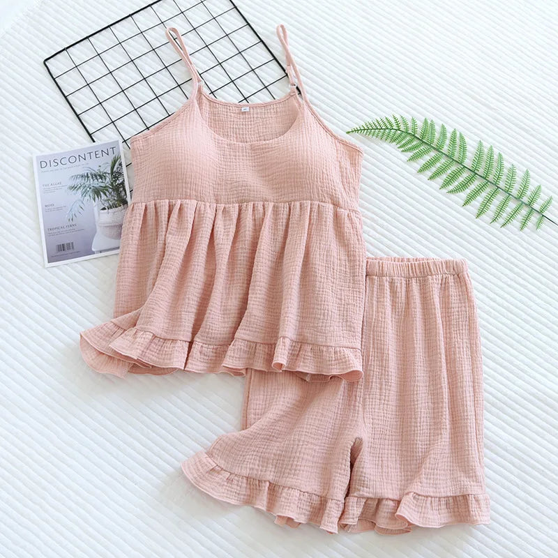 Cotton Muslin Pajama Set with Removable Bra Pads - Cotonii - Pajamas and Loungewear