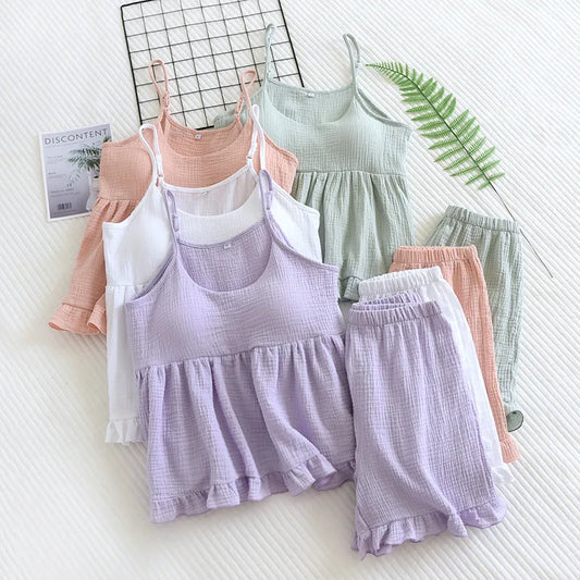 Cotton Muslin Pajama Set with Removable Bra Pads - Cotonii - Pajamas and Loungewear