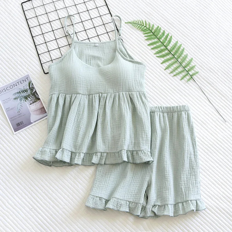 Cotton Muslin Pajama Set with Removable Bra Pads - Cotonii - Pajamas and Loungewear