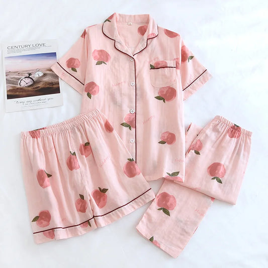  3-piece Cotton Pajama Set apples print pink